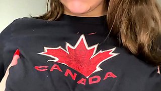 Busty curly brunette with big boobs fucks on couch