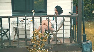 Brunette babe Belle Ohara gets her shaved pussy eaten by Luke in a steamy outdoors romp