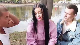 Sweetie in black nylons Daphne Klyde rammed by two huge dicks