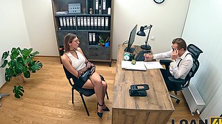 Stanley Johnson fucked Fanta Sie from behind on the office desk in a steamy scene.