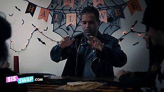 Halloween group sex with Leana Lovings and Serena Santos and their horny stepbros