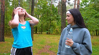 Two cute girls, Violet Clarke and Rihanna Black, have sex in the bathroom.