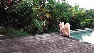 Two Blondes Threesome Pool Sex & Cumshot in Rain with Bella Mur