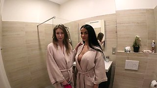 Four sexy babes with long hair fucked by two guys in a hot foursome