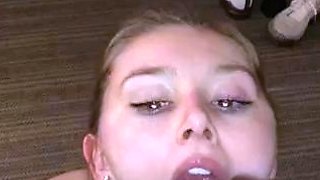 Busty blond with a perfect body takes on two big cocks