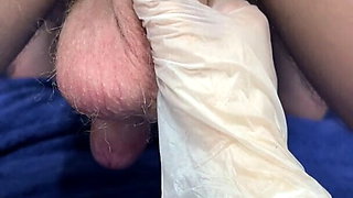 trying to milk cum to my lover in latex gloves