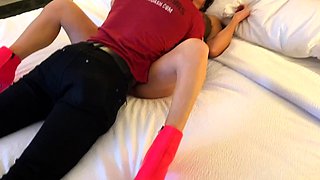 Small titted brunette teen fingering on the bed