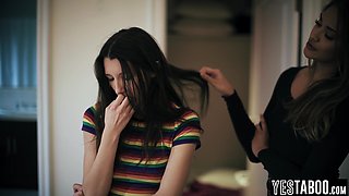 Evil darkhaired babe steals stepsisters 18-years-old GF