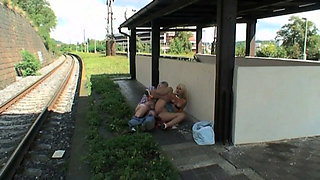 Sex between a young woman and an old man outdoor