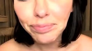 Busty curly brunette with big boobs fucks on couch
