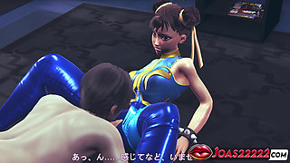 Chun Li Street Fighter 6 - Sexy Cosplay Anime Girl In Blue Latex Costume Gets Her Pussy Licked Through Tight Pants With Orgasm