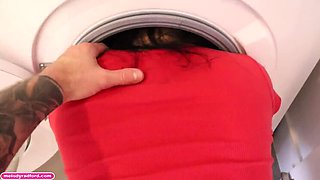 BIG TIT Big ASS Mature Aussie Step MOM Stuck In Washing Machine Trying To Wash Fucked By Step Son Then Left Helpless Covered In Cum - Melody Radford