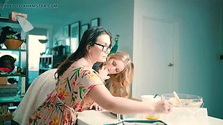 Blonde Charlie Forde and Brunette Chasey Devil Lesbian Cake Baking Sex with Big Natural Tits and Glasses