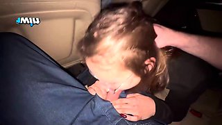 Risky deep throat in car while traveling with friends. Cum