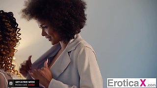 Slim Ebony Beauty Invites Her Husband To Please Her & Her Busty Curvy Lesbian Lover With His BWC