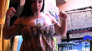 Beautiful Brunette Big Boobs Rides Fake Cock