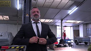 A couple has fun with sexy Greta Foss in lingerie and stockings.