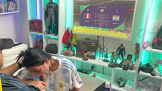 Curvy latina girl loses a bet after a football match POV