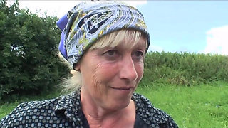 Young hitchhicker with her stepgranny grateful for an old pig who came in their rescue