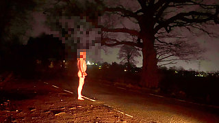 Jerking my big cock naked and barefoot in public road