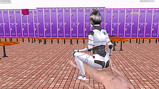 An animated porn video of a beautiful robot girl raiding a man's dick in reverse cowgirl position.