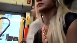 confident girlfriend gives nervous boyfriend blowjob on bus