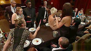 Submissive Nude waitress serves the dinner