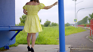128 Subtle Outdoor Flirting with Passing Drivers at a Bus Stop. Do You Like My Legs? 60fps