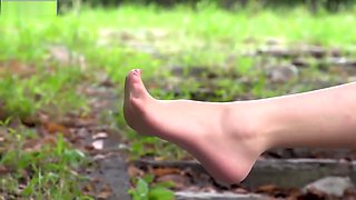 Asian Teen Teasing Sexy Pantyhose Feet in Public