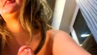 Blonde Housewife with big boobs masturbates with huge dildo