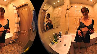 Amateur busty brunette masturbates and does hand job