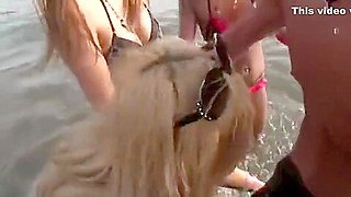 tan group of bikini girls fuck a random stranger on beach