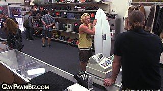 Blond pawnshop bottom fucked in stockroom 3some by owners