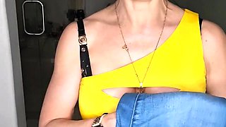 Busty curly brunette with big boobs fucks on couch