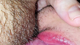 Full length hairy pussy licking & fingering close up
