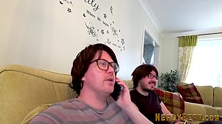 Euro chick sucking off glasses nerd