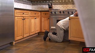 Skinny stepdaughter reaches big cock in the kitchen - SpyFam