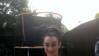 Busty curly brunette with big boobs fucks on couch