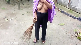 Girl Sweeping the Yard Naked in the Rain - Outdoor Scene