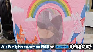 He was fingering inwards his stepsister's tent, so she rubbed his cock to make the boner vanish