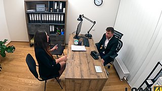 Czech casting with Pavlos and Sakura Hell in an office setting, getting naughty