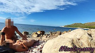 French Amateur Wife Miss Creamy Fucks Big Cock on Nude Beach - Public Sex & Cum in Mouth