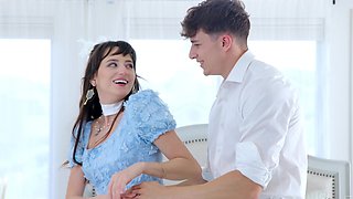 Brunette in sexy lingerie caught cock sucking in the bedroom