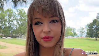 Public pov casting right in the car with a hot slender chick Leila Cove.