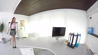 Naughty teen in college uniform masturbates on desk