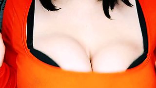 Busty curly brunette with big boobs fucks on couch