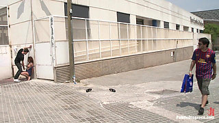 Spanish hottie gets throat fucked on the street bound in front of a busy cafe!