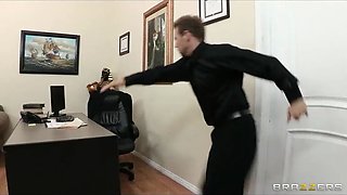 Busty brunette secretary Kiera King seduces her bosses at work