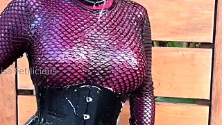 Outdoor solo masturbation scene with curly blonde