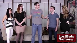 Big Tits Blonde & Brunette MILFs Play Strip Bet Game - Loser Kneels Naked Between Winners Forfeiting Huge Jugs